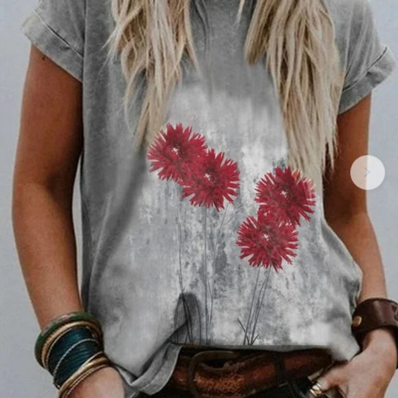 Brand new -- gray with red floral t! - Picture 1 of 2